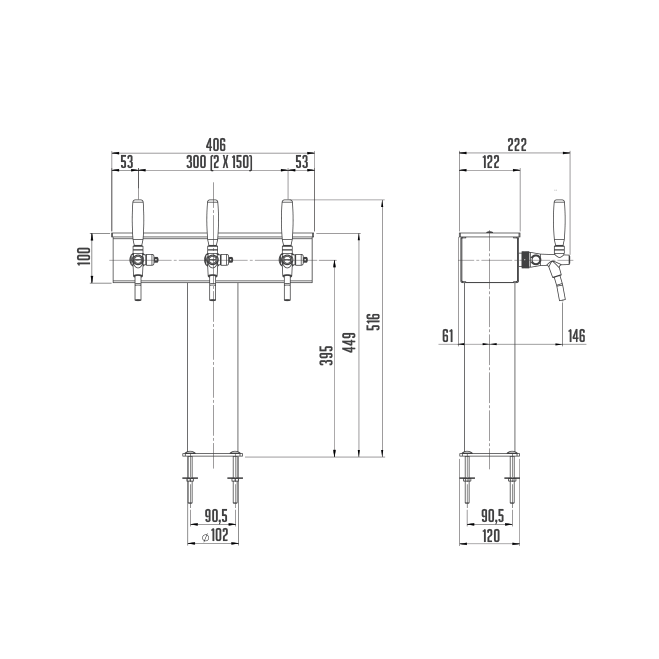 Kolumna Grand T, 3 kranowa, led - Parametry techniczne i wymiary